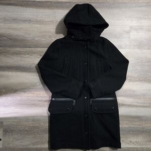 COACH Women's Wool Hooded Parka Coat Black Leather Trim XS